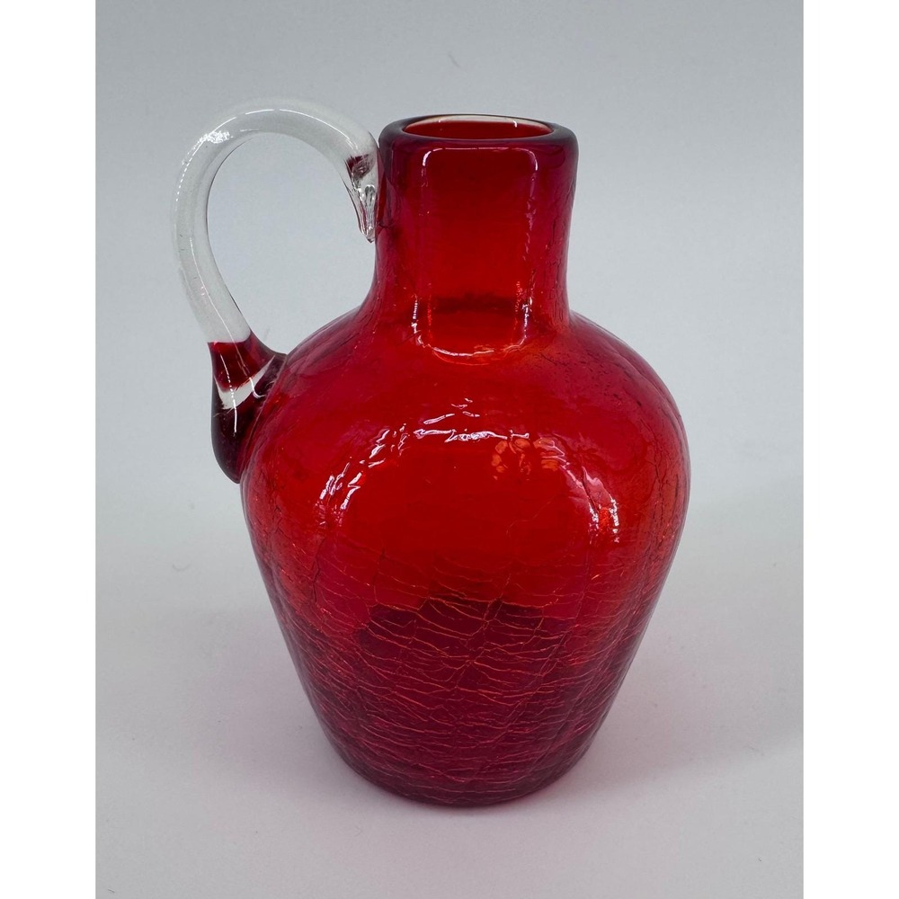 Red Crackle Glass Pitcher Vase Pilgrim Blenko Art Glass with Clear Handle